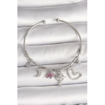 Pirinç Gümüş Renk Sallantı Zirkon Taşlı Gezegen Figür Kalp Detay Charm Kadın Bileklik - TJ-BB6899