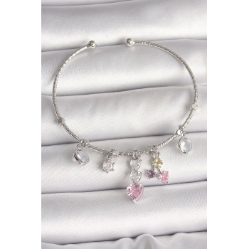 Pirinç Gümüş Renk Sallantı Zirkon Taşlı Kalp Figür Charm Kadın Bileklik - TJ-BB6910