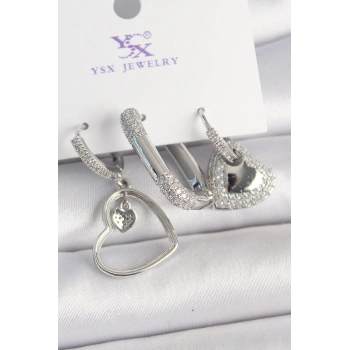 Pirinç Gümüş Renk Sallantı Zirkon Taşlı Kalp Model 3Lü Kadın Kombin Küpe - TJ-BKP10442