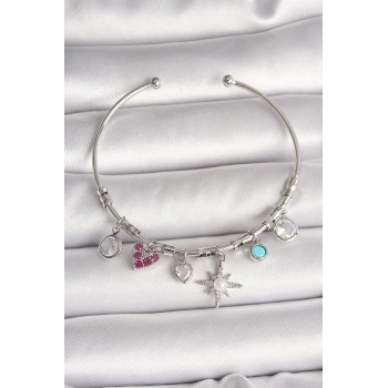 Pirinç Gümüş Renk Sallantı Zirkon Taşlı Kutup Yıldız Figür Kalp Detay Charm Kadın Bileklik - TJ-BB6898