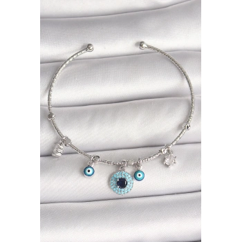 Pirinç Gümüş Renk Sallantı Zirkon Taşlı Nazar Boncuk Figür Charm Kadın Bileklik - TJ-BB6911
