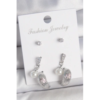 Pirinç Gümüş Renk Sallantılı Zirkon Taşlı Damla Model 3 Çift Kadın Küpe Seti - TJ-BKP10593