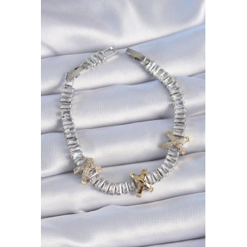 Pirinç Gümüş Renk Taşlı Su Yolu Model VİP Seri Kadın Bileklik - TJ-BB6402