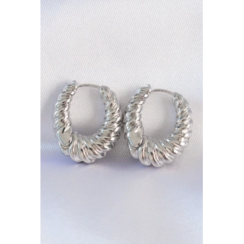 Pirinç Gümüş Renk Tırtık Detay Bombeli Halka Küpe - TJ-BKP8973