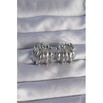 Pirinç Gümüş Renk Tırtıklı Bombe Model Küpe - TJ-BKP9088