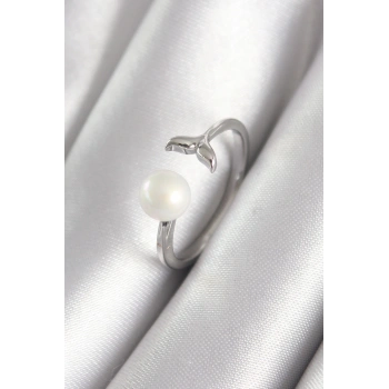 Pirinç Gümüş Renk Top İnci Figür Balık Kuyruğu Model Kadın Yüzük - TJ-BYK3075