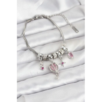 Pirinç Gümüş Renk Uçan Balon Charmlı Kadın Bileklik - TJ-BB8196