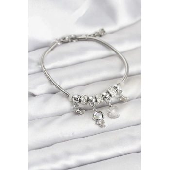 Pirinç Gümüş Renk Uzay Tema Charmlı Kadın Bileklik - TJ-BB8178