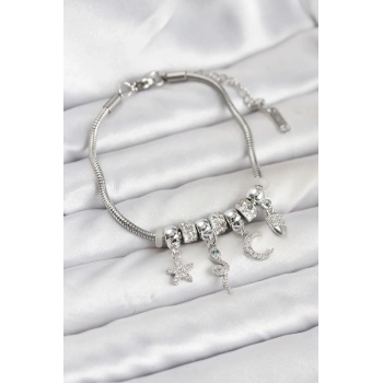 Pirinç Gümüş Renk Yılan Charmlı Kadın Bileklik - TJ-BB8182