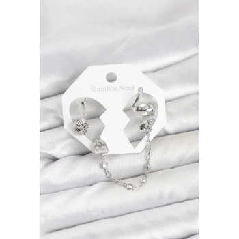 Pirinç Gümüş Renk Yılan Model Zincir Bağlantılı Ear Cuff Küpe Seti - TJ-BKP11533