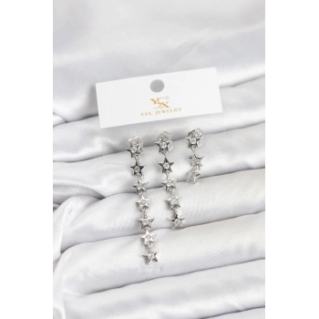 Pirinç Gümüş Renk Yıldız Model YSX Trio Küpe Seti - TJ-BKP11555