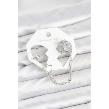 Pirinç Gümüş Renk Yıldız Model Zincir Bağlantılı Ear Cuff Küpe Seti - TJ-BKP11539