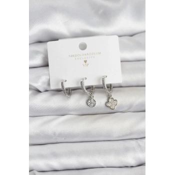 Pirinç Gümüş Renk Yonca Model 3lü Kadın Küpe Seti - TJ-BKP11446