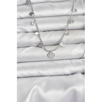 Pirinç Gümüş Renk Yonca Model Kadın Kolye - TJ-BKO10651