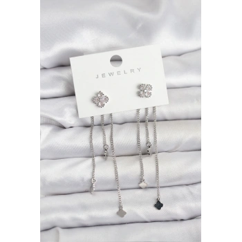 Pirinç Gümüş Renk Yonca Model Sallantılı Kadın Küpe - TJ-BKP11454