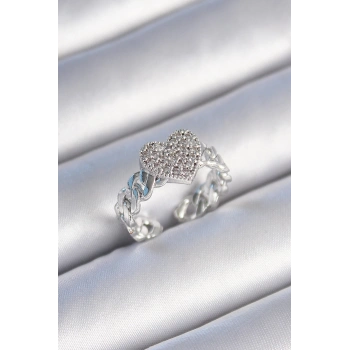 Pirinç Gümüş Renk Zincir Kordon Zirkon Taşlı Kalp Model Kadın Yüzük - TJ-BYK3484