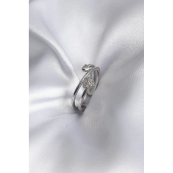 Pirinç Gümüş Renk Zirkon Taş Detay Kalp Model Kadın Yüzük - TJ-BYK2916