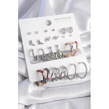 Pirinç Gümüş Renk Zirkon Taş Detaylı 12 Çift Kadın Küpe Seti - TJ-BKP9680