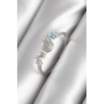 Pirinç Gümüş Renk Zirkon Taş Detaylı Beyaz Sedefli Çiçek Model Kadın Yüzük - TJ-BYK3044