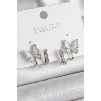 Pirinç Gümüş Renk Zirkon Taş Detaylı Beyaz Sedefli Kelebek Model Kadın Küpe - TJ-BKP9869