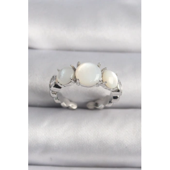 Pirinç Gümüş Renk Zirkon Taş Detaylı Beyaz Sedefli VIP Seri Kadın Yüzük - TJ-BYK3503