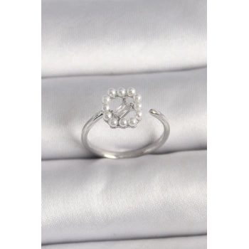 Pirinç Gümüş Renk Zirkon Taş Detaylı İncili Ayarlanabilir Yüzük - TJ-BYK3542