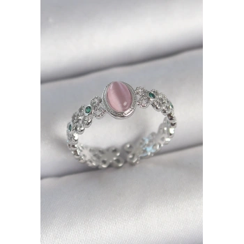 Pirinç Gümüş Renk Zirkon Taş Detaylı Pembe Mineli Damla Model Ayarlanabilir Kadın Yüzük - TJ-BYK3724