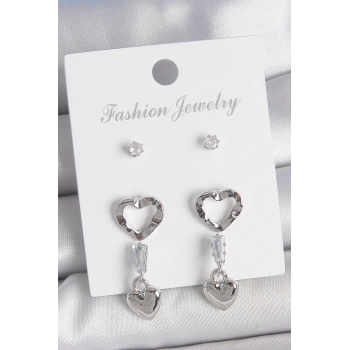 Pirinç Gümüş Renk Zirkon Taş Detaylı Sallantı Model 2 Çift Kadın Küpe Seti - TJ-BKP10595