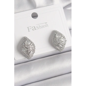 Pirinç Gümüş Renk Zirkon Taş İşlemeli Damla Model Kadın Küpe - TJ-BKP9863