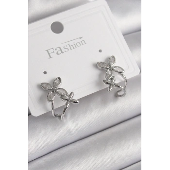 Pirinç Gümüş Renk Zirkon Taşlı 2Li Çiçek Model Kadın Küpe - TJ-BKP9962