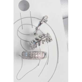 Pirinç Gümüş Renk Zirkon Taşlı 3Lü Model Yaprak Figür Kadın Kıkırdak Küpe - TJ-BKP10564