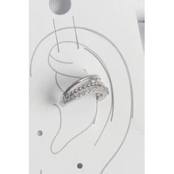 Pirinç Gümüş Renk Zirkon Taşlı 3Lü Sıralı Kadın Kıkırdak Küpe - TJ-BKP10554