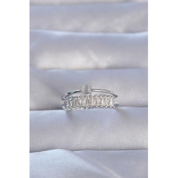 Pirinç Gümüş Renk Zirkon Taşlı Baget Su Yolu Model Ayarlanabilir Yüzük - TJ-BYK3228