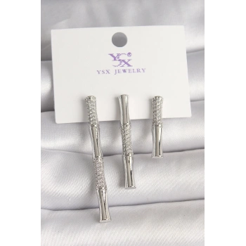 Pirinç Gümüş Renk Zirkon Taşlı Bambu Model 3Lü Kadın Kombin Küpe - TJ-BKP10462