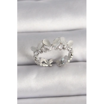 Pirinç Gümüş Renk Zirkon Taşlı Beyaz Mineli Kelebek Model Ayarlanabilir Yüzük - TJ-BYK3530