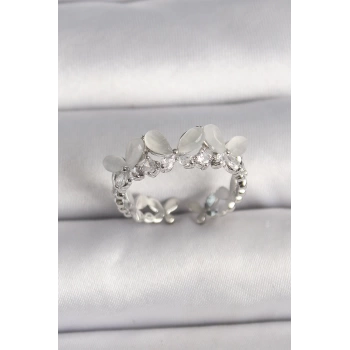Pirinç Gümüş Renk Zirkon Taşlı Beyaz Mineli Kelebek Model Ayarlanabilir Yüzük - TJ-BYK3530