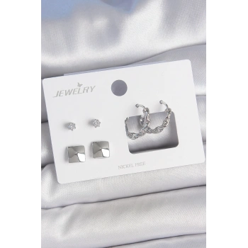 Pirinç Gümüş Renk Zirkon Taşlı Burgu Halka Model Kare Detay 3 Çift Kadın Küpe Seti - TJ-BKP10605