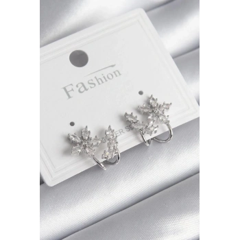 Pirinç Gümüş Renk Zirkon Taşlı Çiçek Model Kadın Küpe - TJ-BKP9740