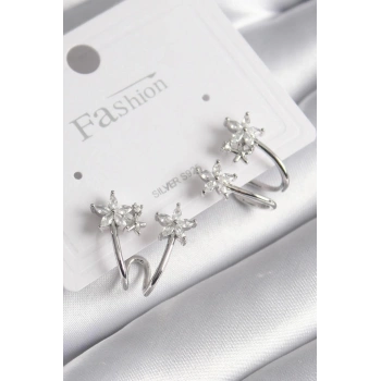 Pirinç Gümüş Renk Zirkon Taşlı Çiçek Model Kadın Küpe - TJ-BKP9746