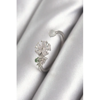 Pirinç Gümüş Renk Zirkon Taşlı Çiçek Model Kadın Yüzük - TJ-BYK3048