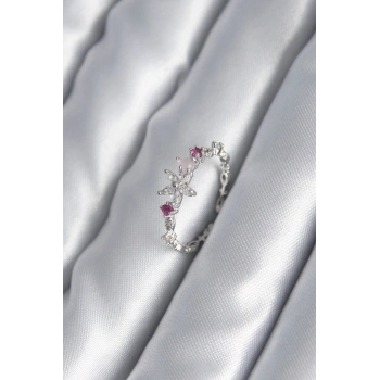 Pirinç Gümüş Renk Zirkon Taşlı Çiçek Model Pembe Zirkon Taş Detay Kadın Yüzük - TJ-BYK2984