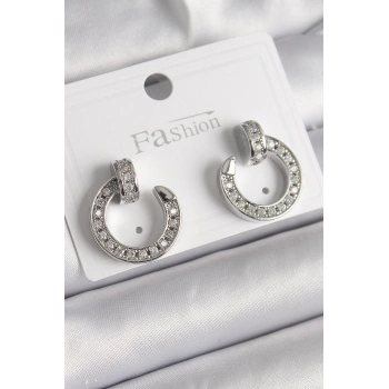 Pirinç Gümüş Renk Zirkon Taşlı Çivi Halka Model Kadın Küpe - TJ-BKP9847