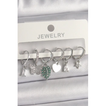 Pirinç Gümüş Renk Zirkon Taşlı Çoklu Figür Kadın Küpe Seti - TJ-BKP10097