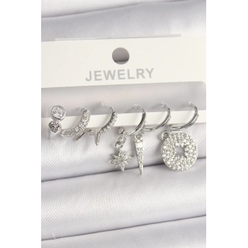 Pirinç Gümüş Renk Zirkon Taşlı Çoklu Figür Kadın Küpe Seti - TJ-BKP10103