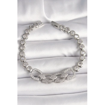 Pirinç Gümüş Renk Zirkon Taşlı Daire Zincir Model Kadın Bileklik - TJ-BB6843