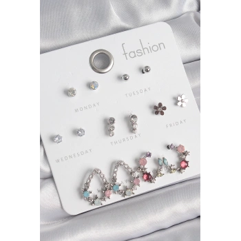 Pirinç Gümüş Renk Zirkon Taşlı Damla Model Çiçek Detay 7 Çift Kadın Küpe Seti - TJ-BKP10549