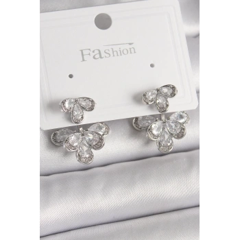 Pirinç Gümüş Renk Zirkon Taşlı Damla Model Kadın Küpe - TJ-BKP9940