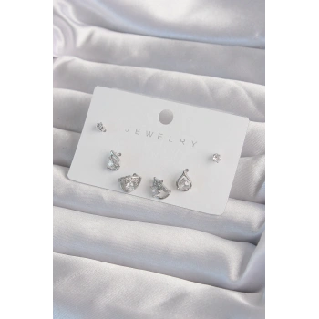 Pirinç Gümüş Renk Zirkon Taşlı Damla Model Küpe Seti - TJ-BKP9320