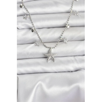 Pirinç Gümüş Renk Zirkon Taşlı Deniz Yıldızı Model Kadın Kolye - TJ-BKO10654