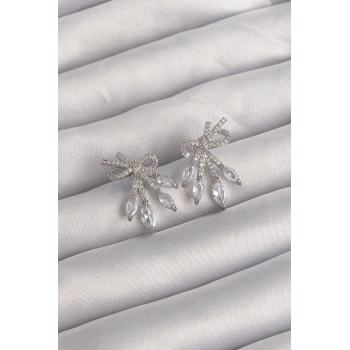 Pirinç Gümüş Renk Zirkon Taşlı Fiyonk Küpe - TJ-BKP9292